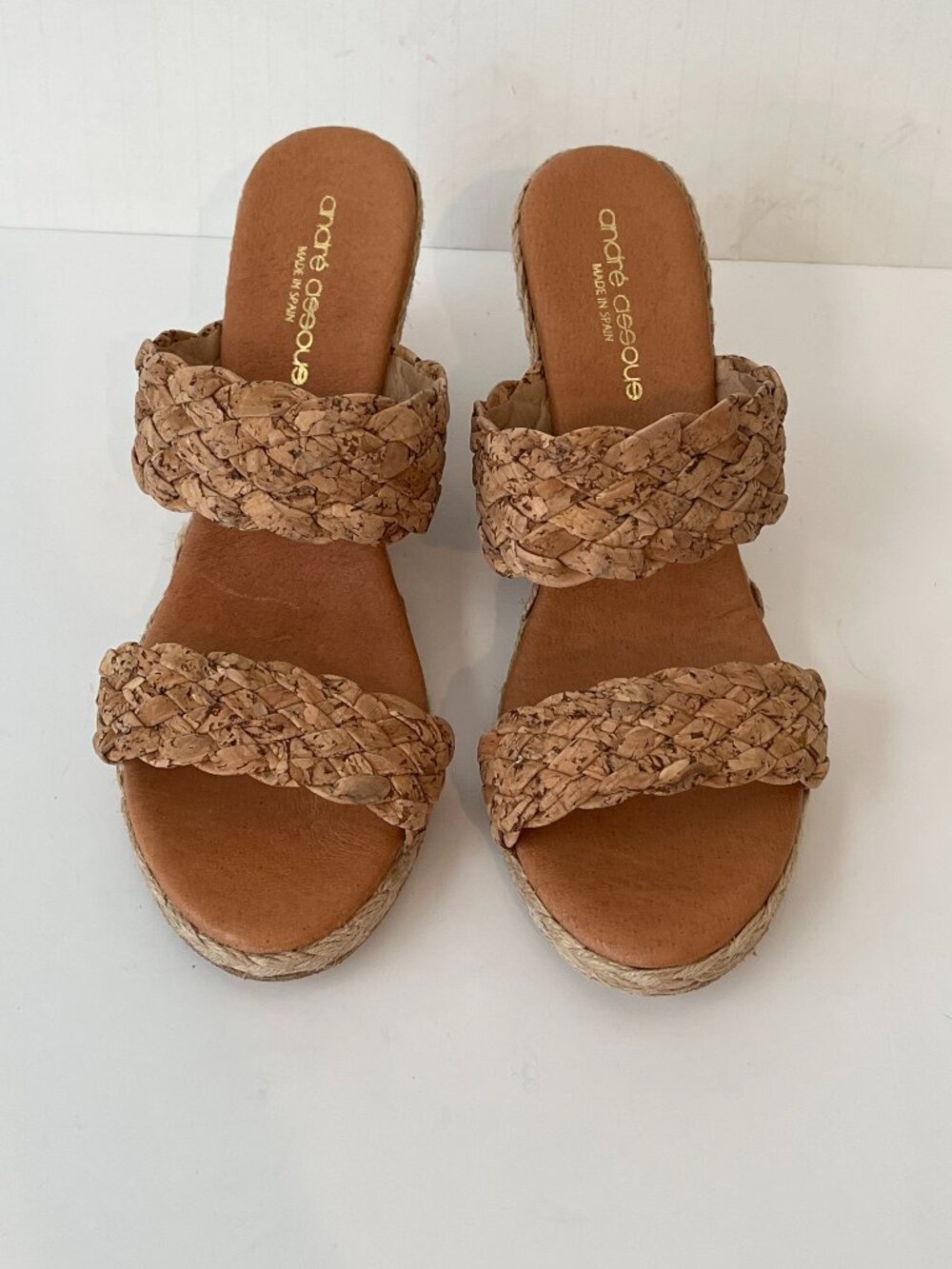Andre Assous Tan Leather Woven Wedge Espadrille Sandals ~ Women's Size 40 / US 9